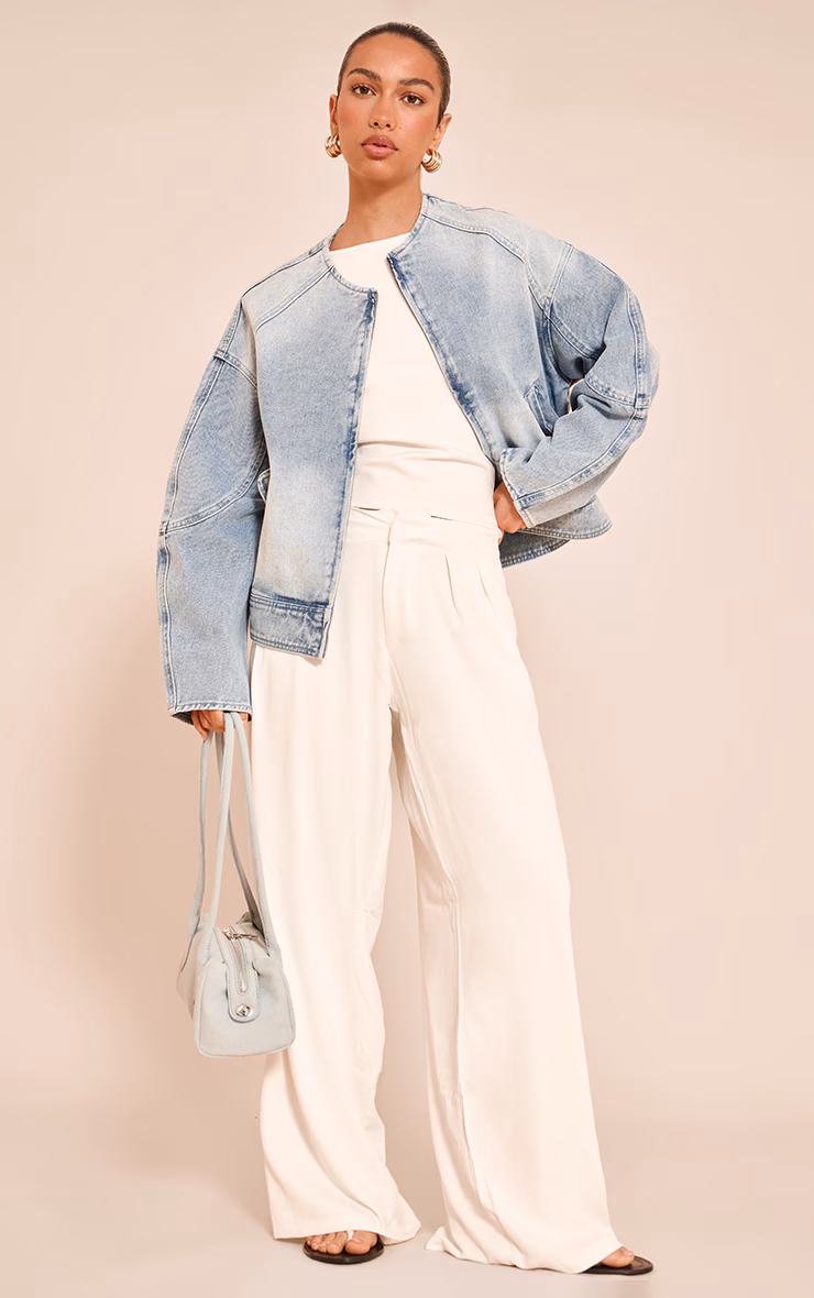 Light Blue Round Neck Balloon Sleeve Denim Jacket