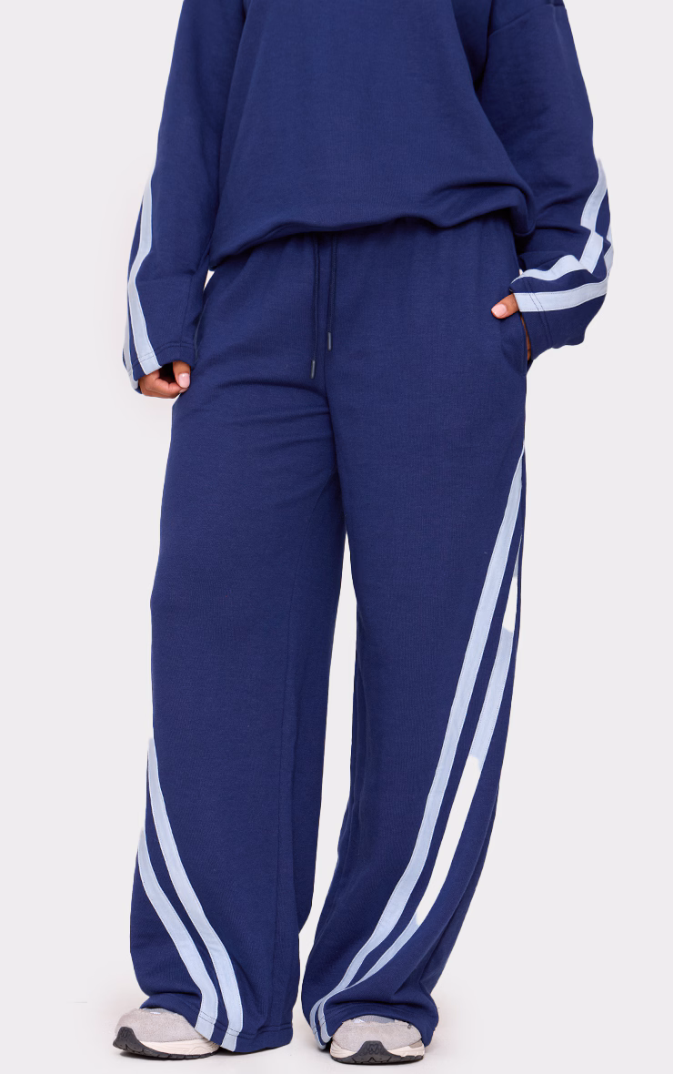 Navy Contrast Striped Wide Leg Sweatpants