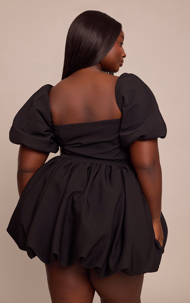 Plus Black Woven Diamante Trim Puffball Mini Dress