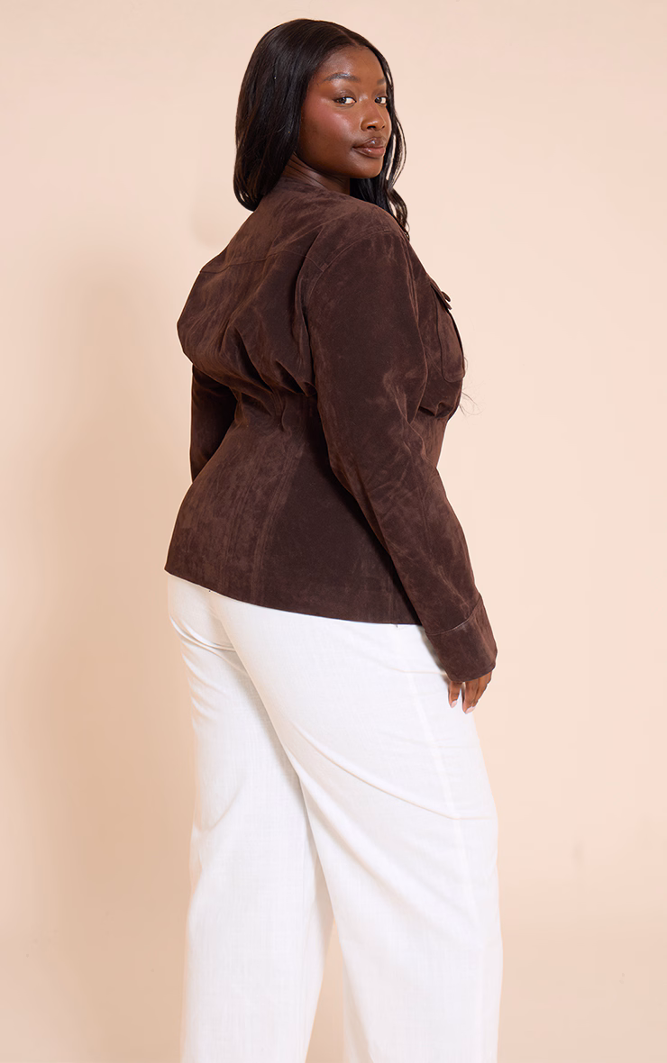 Plus Chocolate Faux Suede Cinch Waist Covered Button Jacket