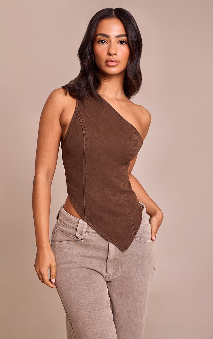 Petite Chocolate Denim Asymmetric Top