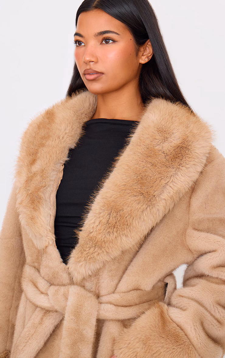 Mushroom Plush Faux Fur Self Tie Coat