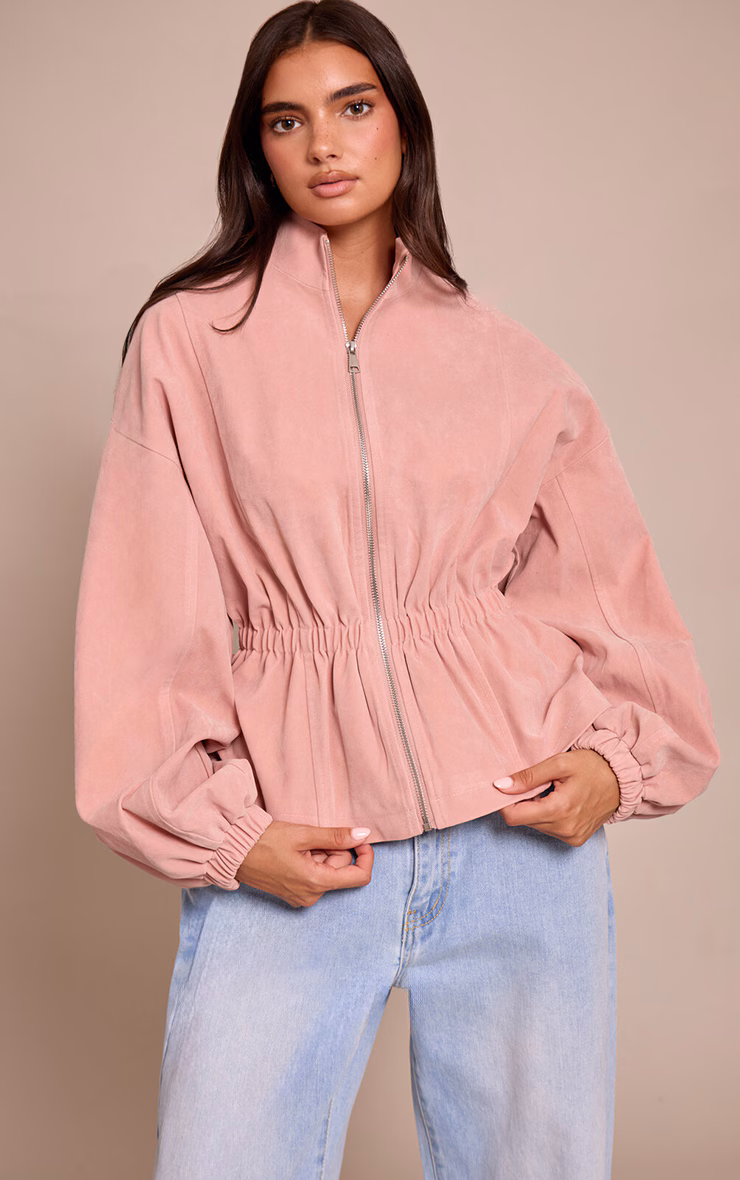 Pink Cinched Waist Suede Jacket