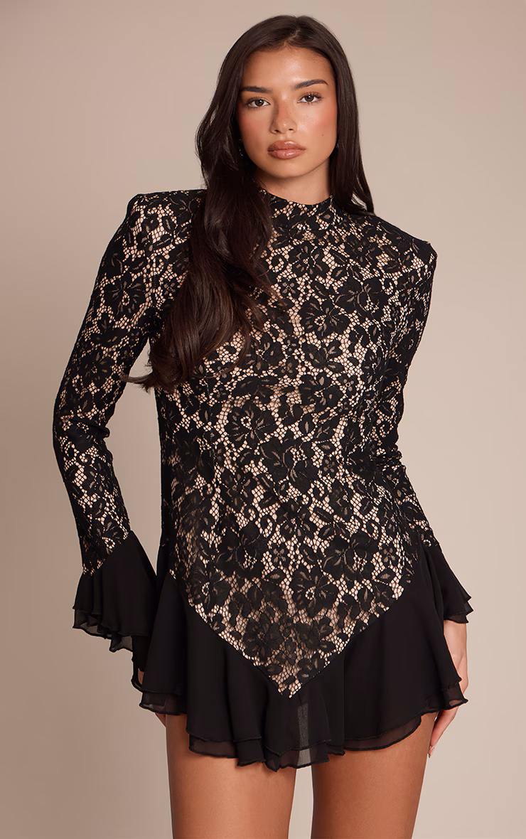 Black Lace High Neck Frill Detail Mini Dress