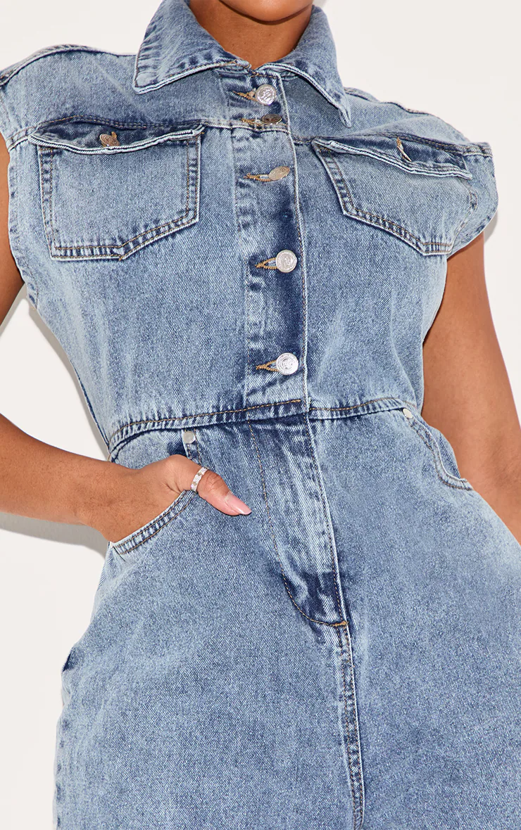 Shape Acid Blue Wash Sleeveless Rigid Denim Jumpsuit