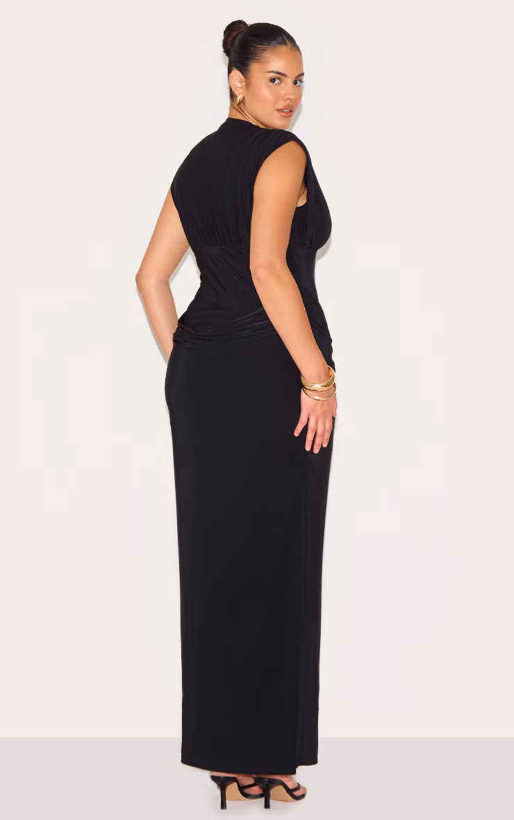 Plus Black Double Layer Plunge Ruched Shoulder Drape Waist Maxi Dress