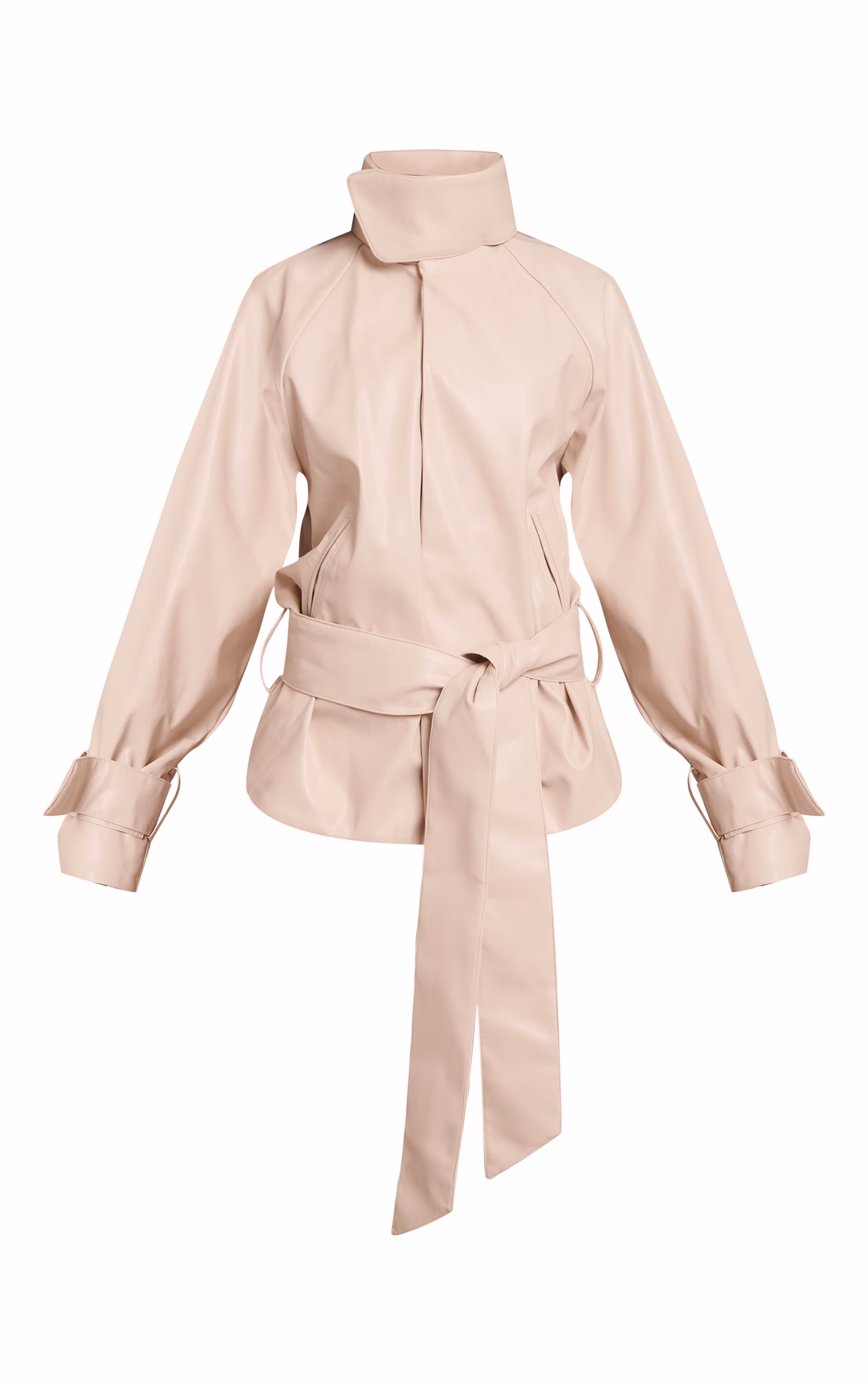 Petite Cream Faux Leather Belted Funnel Neck Coat