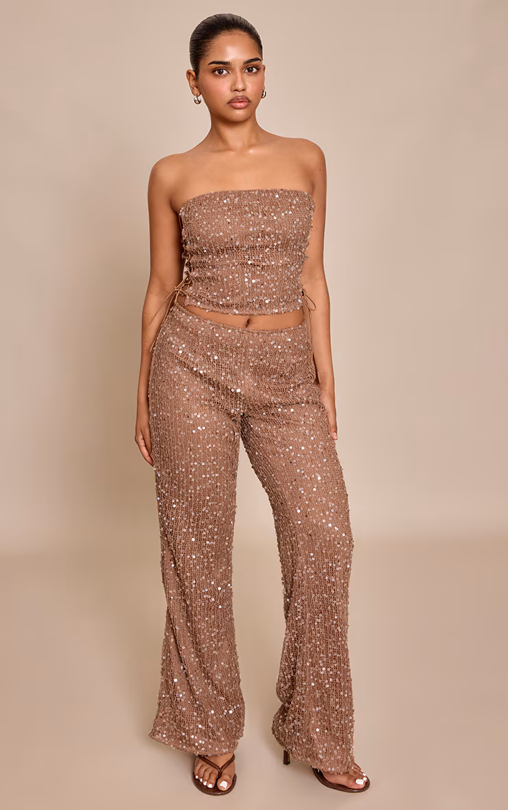 Petite Chocolate Sequin Textured Flare Pants