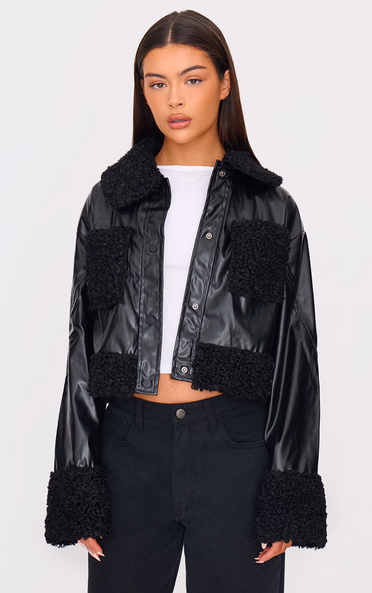 Black Borg Pocket Front Faux Leather Cropped Coat