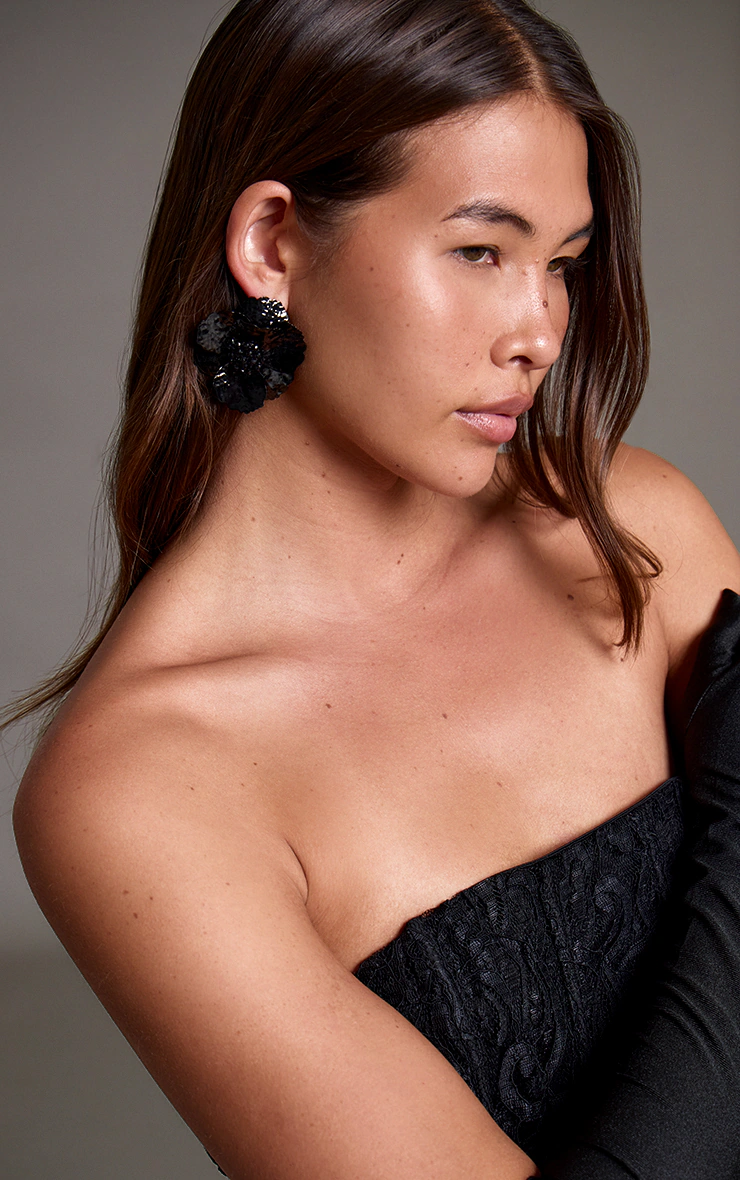 Black Diamante Detail Flower Statement Earrings