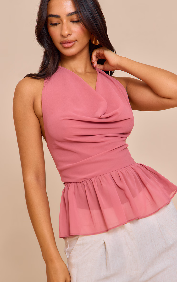 Petite Blush Rose Chiffon Cowl Peplum Hem Halterneck Top