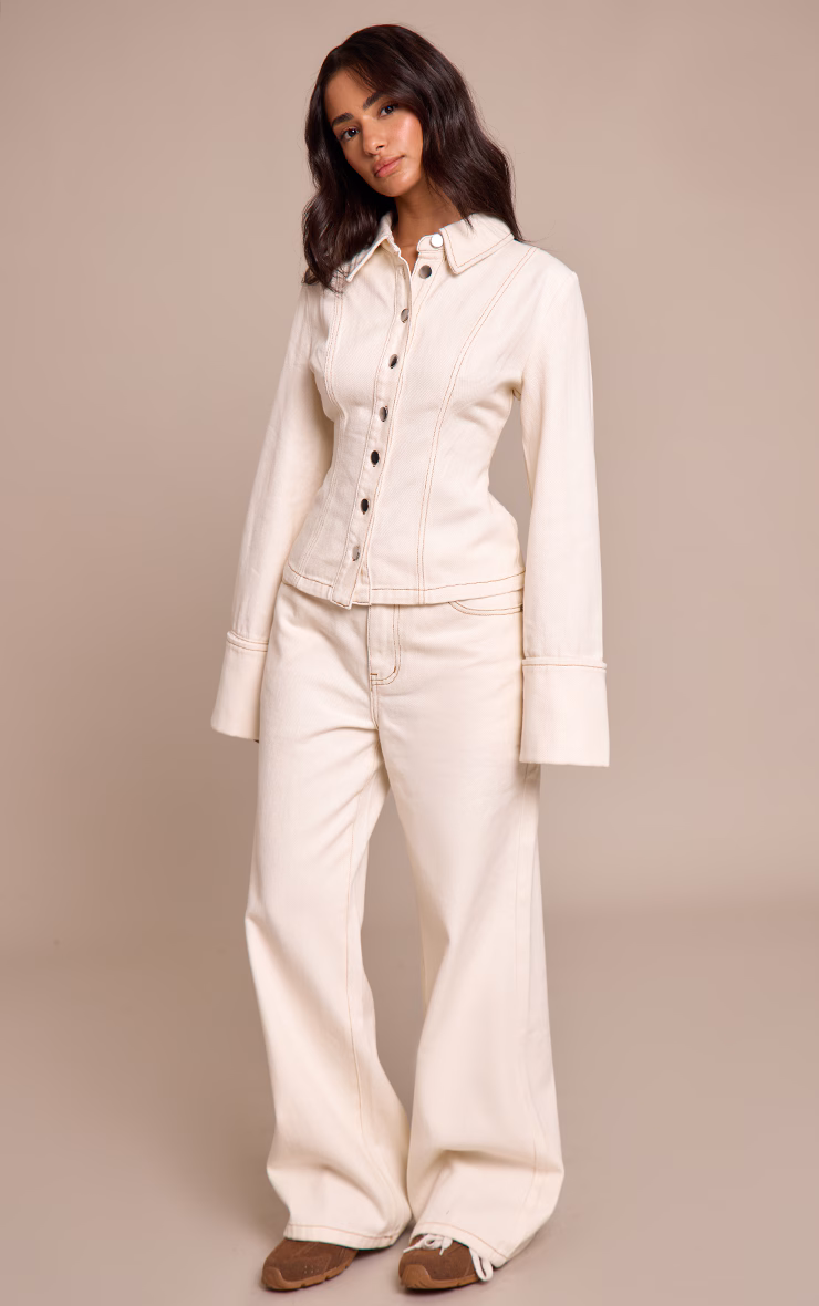 Petite Ecru Contract Stitch Straight Leg Jeans