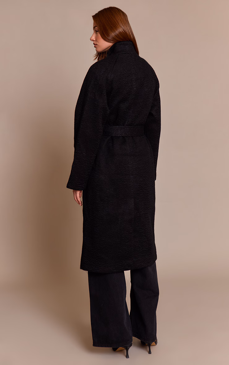 Black High Neck Tie Waist Wool Look Maxi Coat