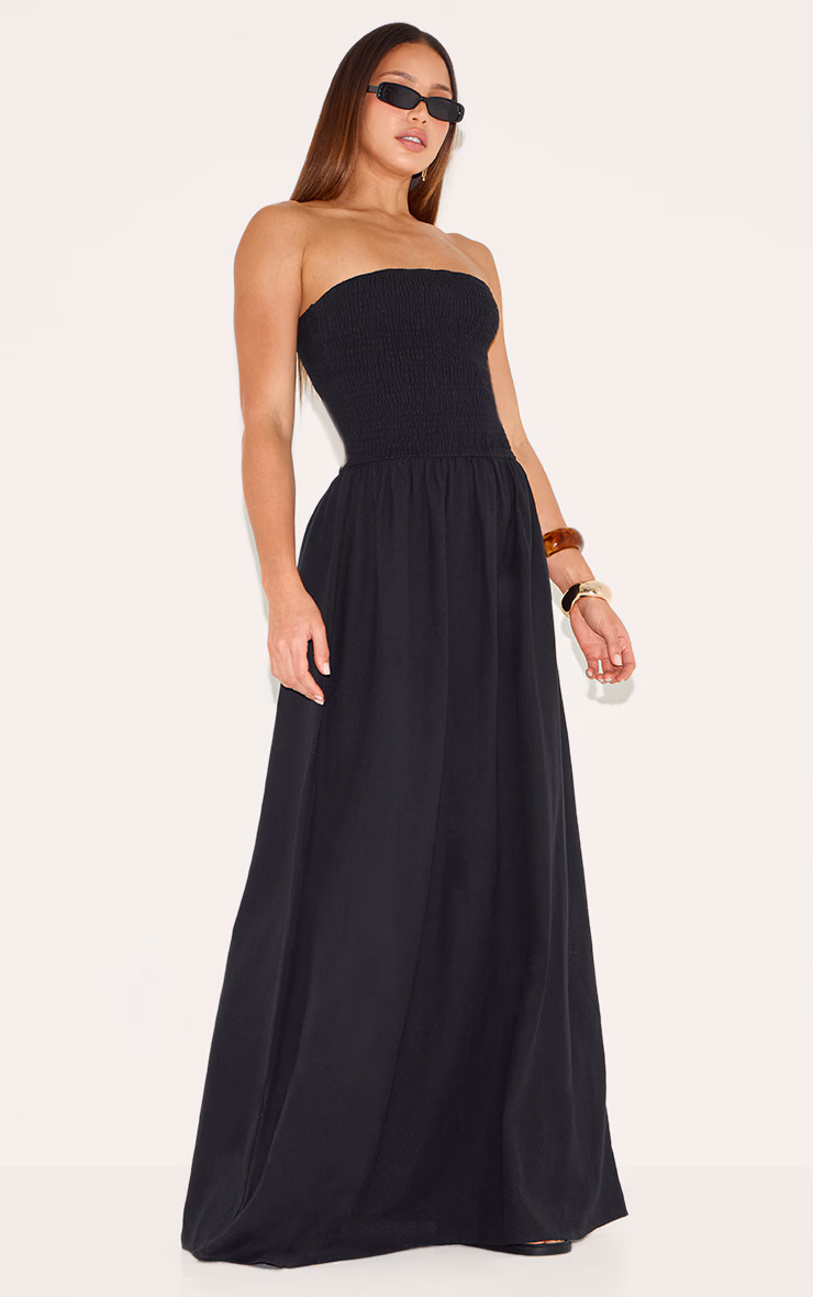 Tall Black Bandeau Shirred Detail Maxi Dress