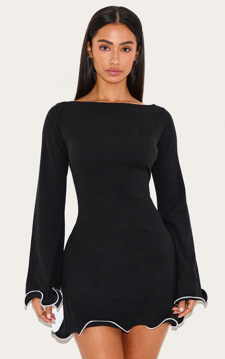 Petite Black Contrast Detail Ribbed Mini Dress