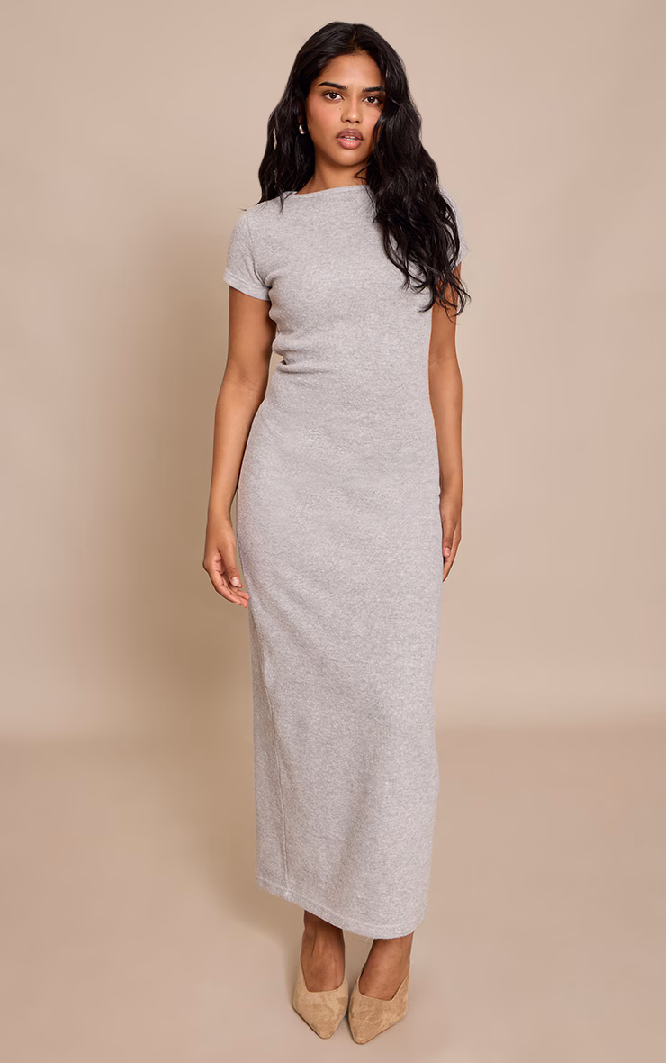 Petite Grey Soft Brushed Short Sleeve Maxi Dress