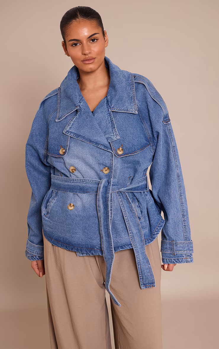 Plus Vintage Mid Wash Belted Button Detail Cropped Denim Trench