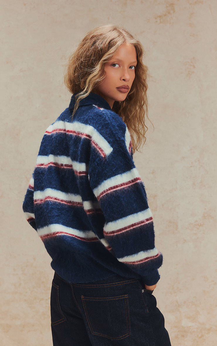 Navy Striped Brushed Knit Oversized Rugby Style Sweater