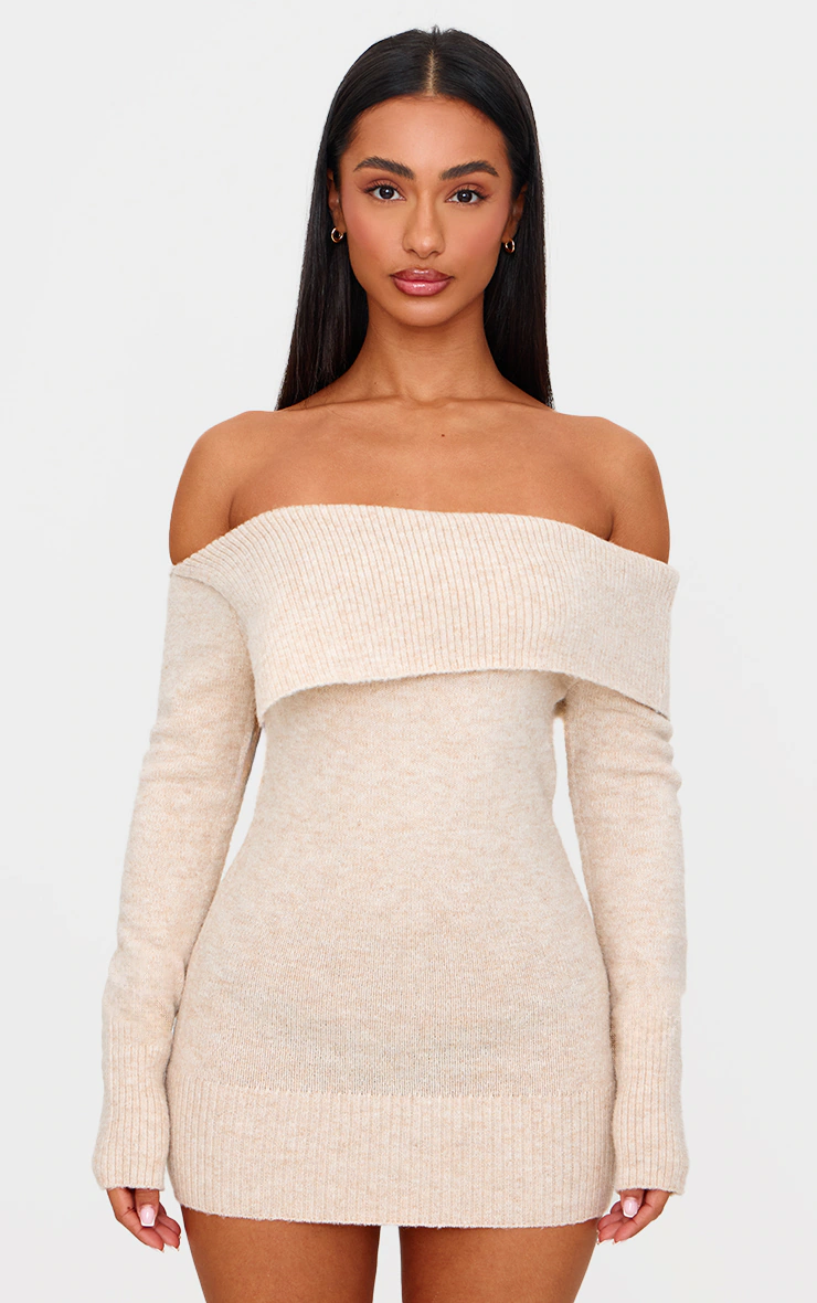 Petite Beige Knitted Foldover Asymmetric Micro Mini Dress