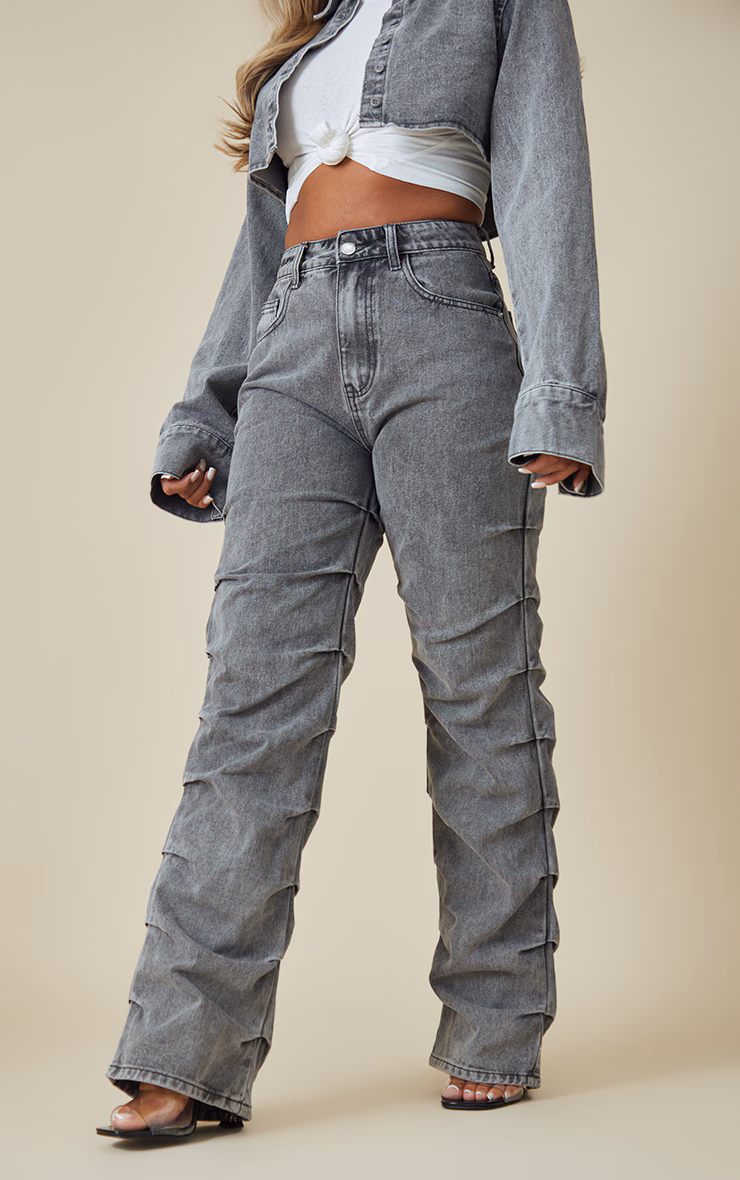 Washed Grey Ruched Straight Leg Denim Jeans
