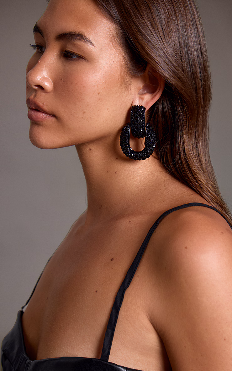 Black Diamante Door Knocker Statement Earrings