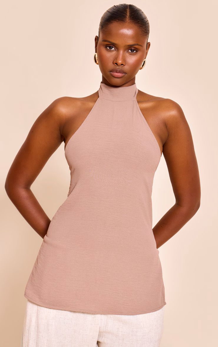 Mushroom  Woven High Neck Tie Back Detail Long Top