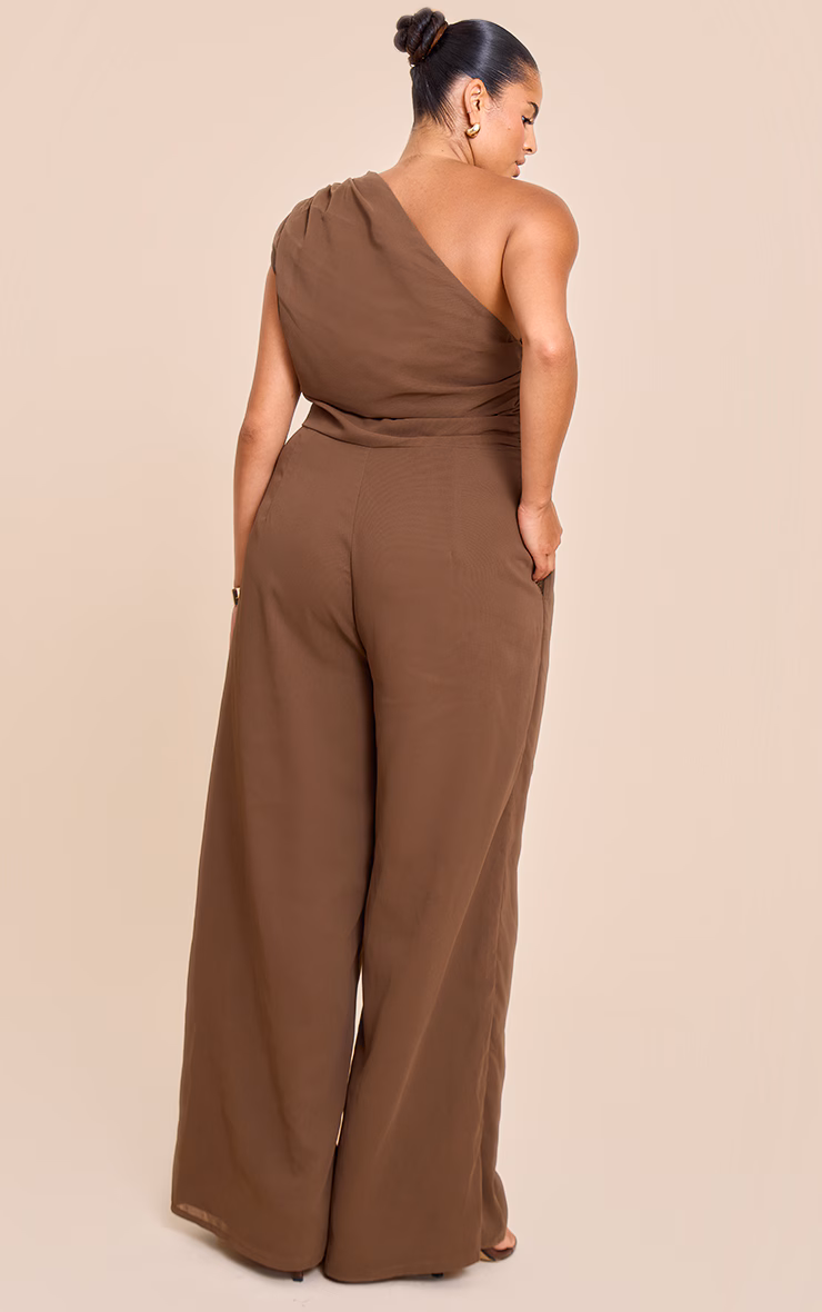 Plus Mushroom Chiffon One Shoulder Ruched Jumpsuit