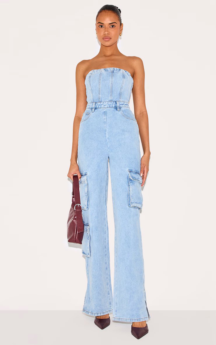 Light Blue Wash Cargo Pocket Bandeau Denim Jumpsuit