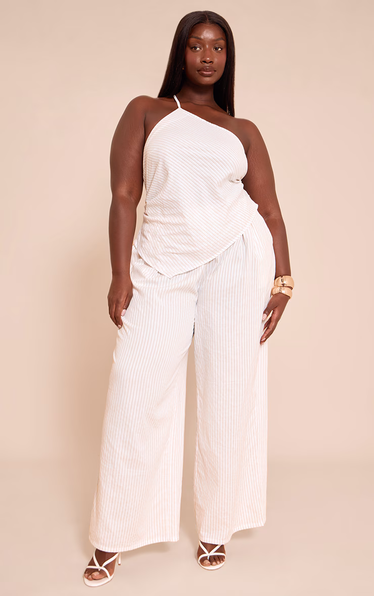 Plus White Woven Pinstripe Asymmetric Jumpsuit