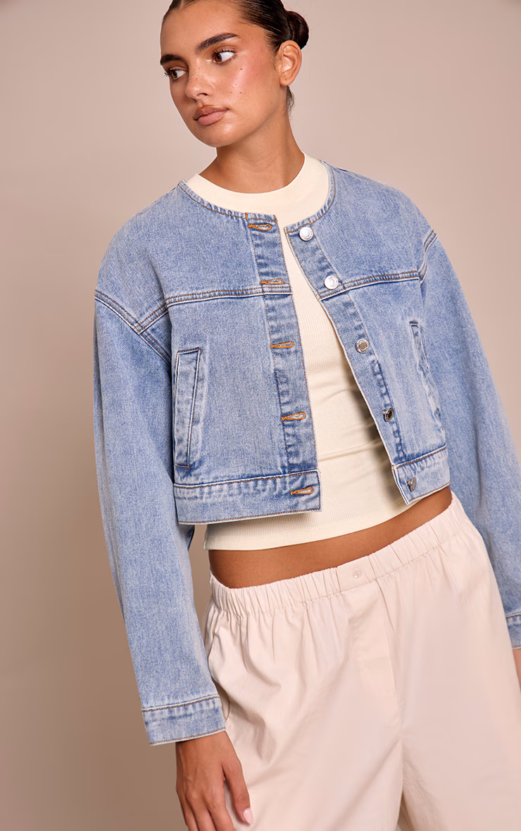 Mid Blue Wash Collarless Cropped Denim Jacket