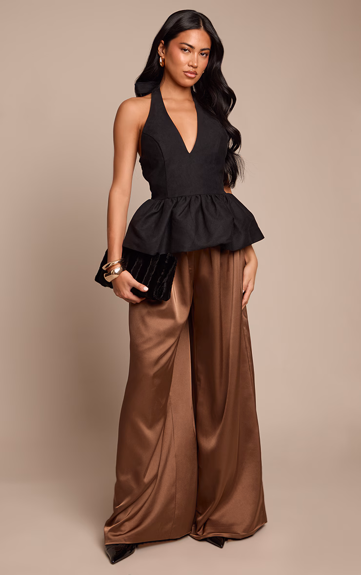 Mushroom Satin Pleated Wide Leg Pants