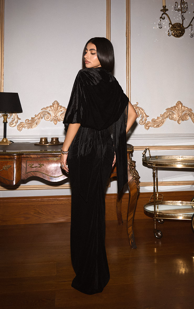 Black Velvet Cape Tassel Hem Long Top