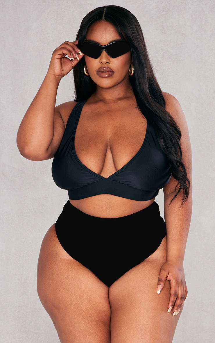 Plus Black Mix & Match Plunge Front Bikini Top