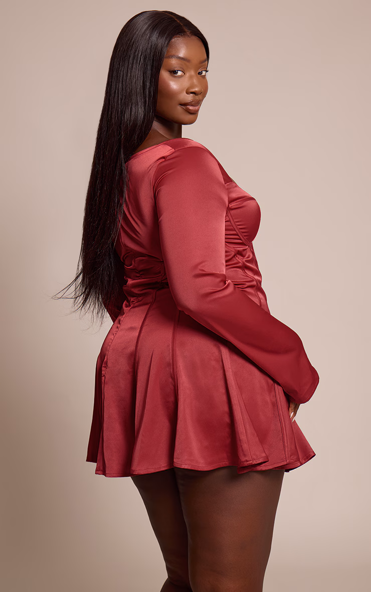 Plus Burgundy Satin Long Sleeve Mini Dress