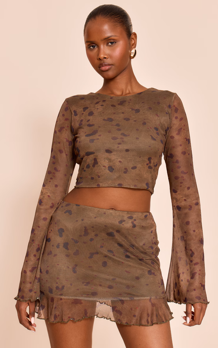 Khaki Abstract Print Mesh Long Sleeve Top