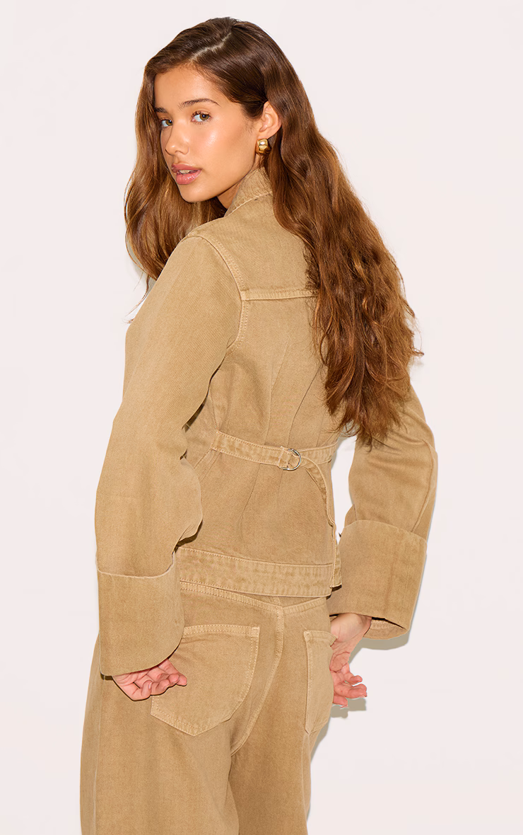 Washed Khaki Turn Up Cuff Cinched Back Denim Jacket