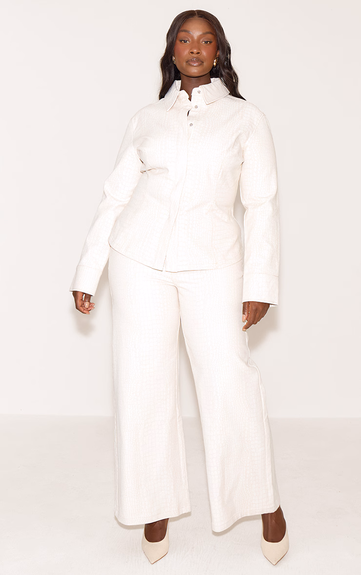 Plus Cream Snake Print Mid Waist Straight Leg Coated Jeans