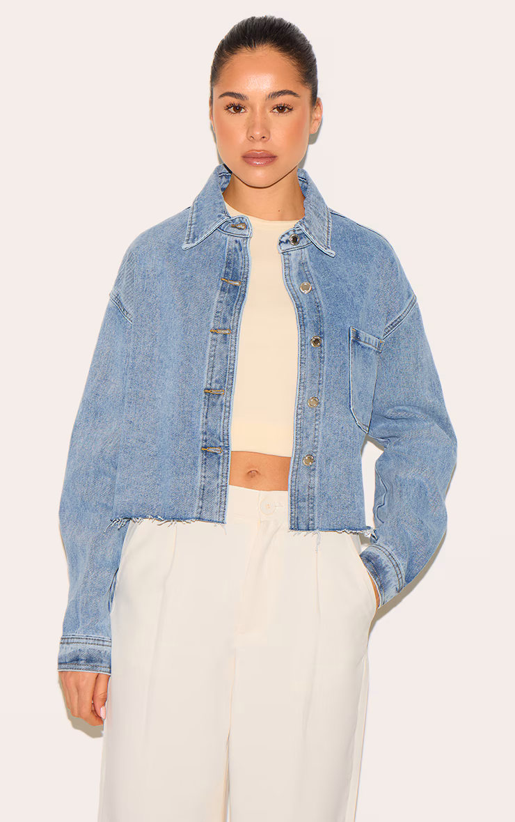 Mid Blue Wash Raw Hem Cropped Denim Shirt