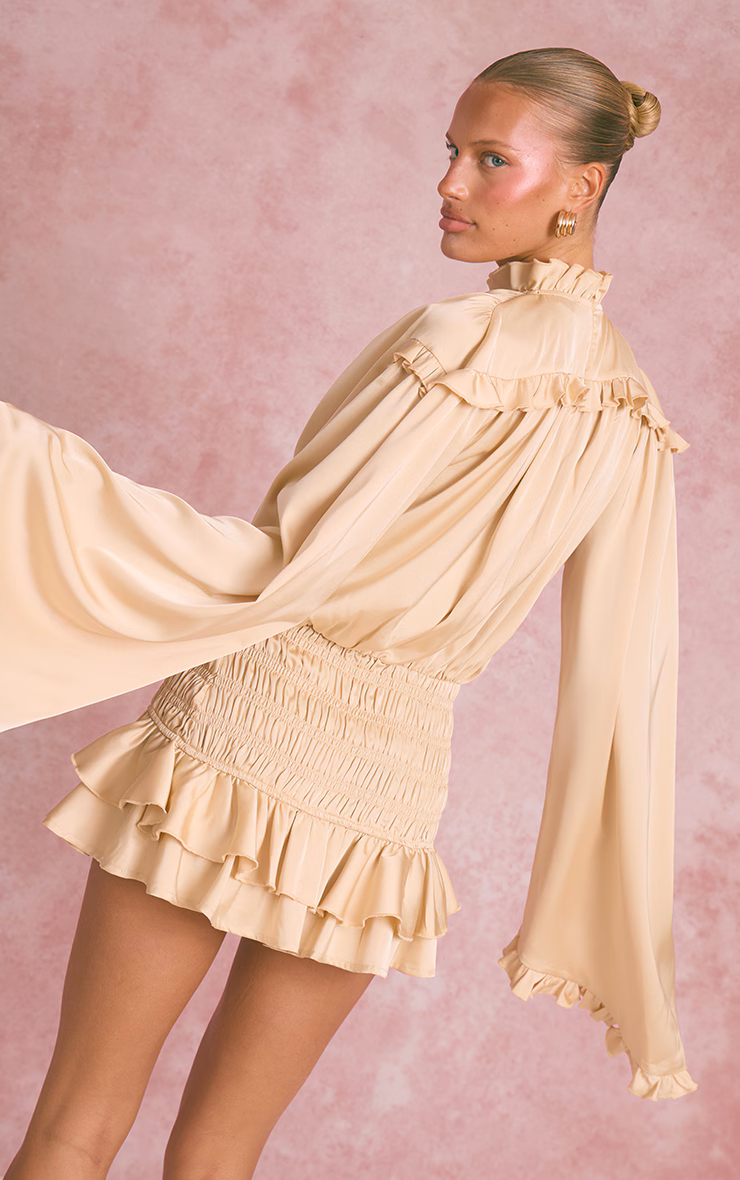 Gold Smocked High Neck Frill Long Sleeve Mini Dress