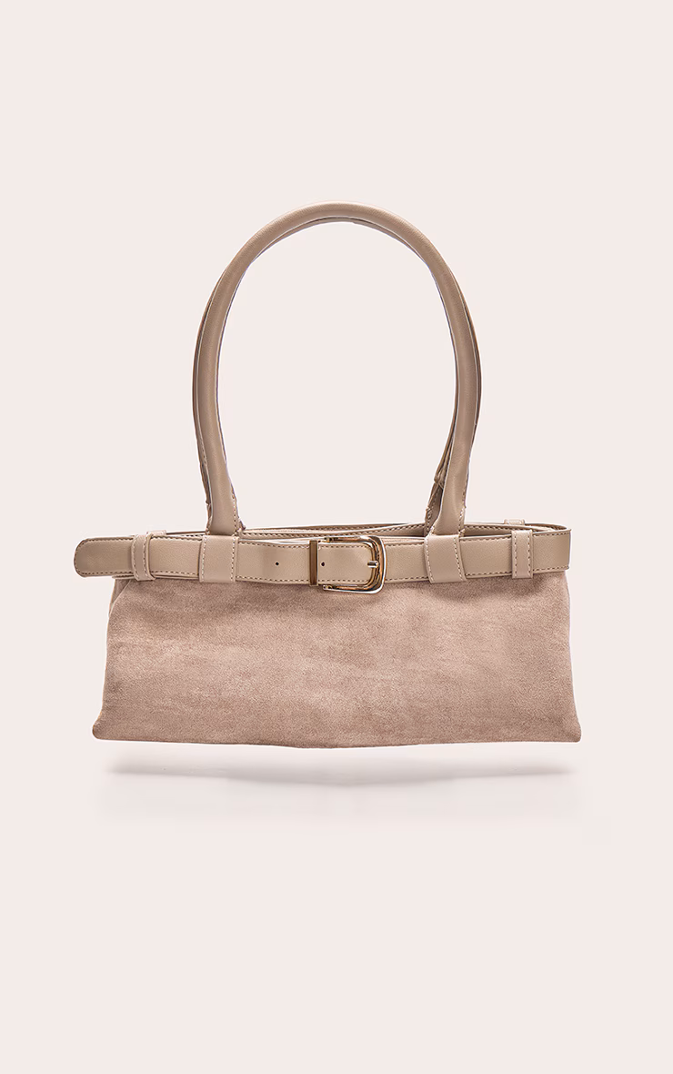 Mushroom Suede Belted PU Elongated Shoulder Bag