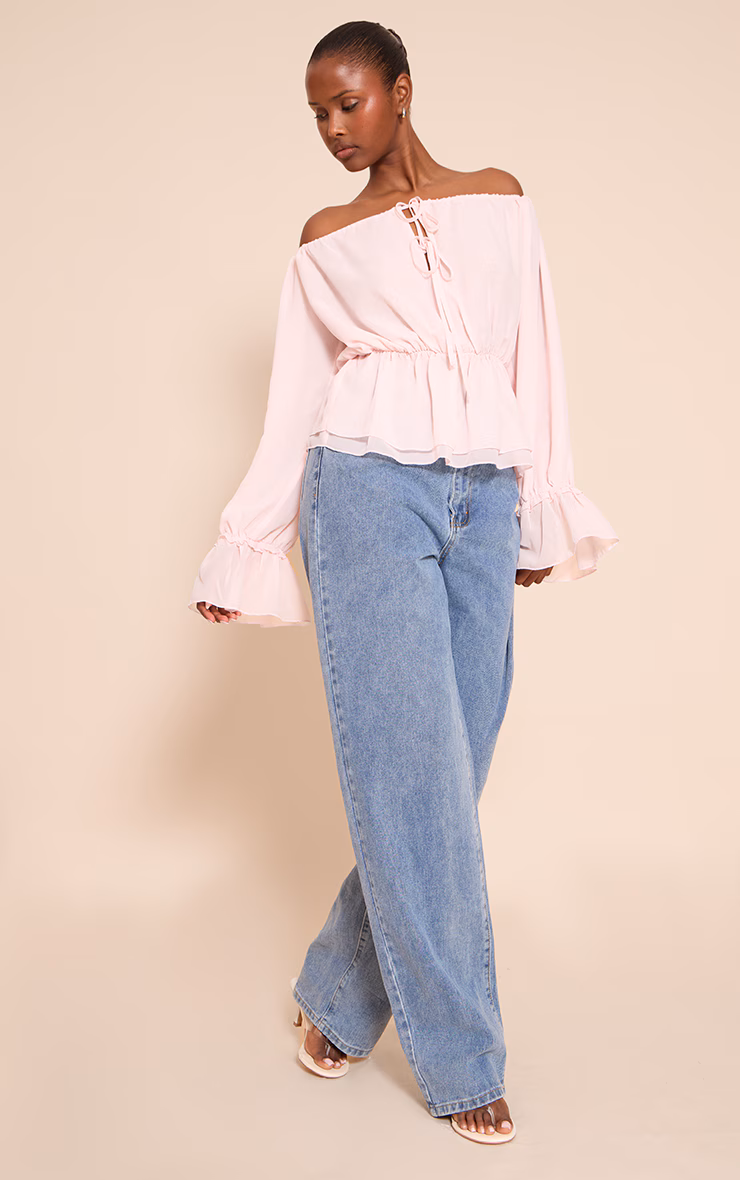 Pale Pink Chiffon Tie Detail Bardot Floaty Top