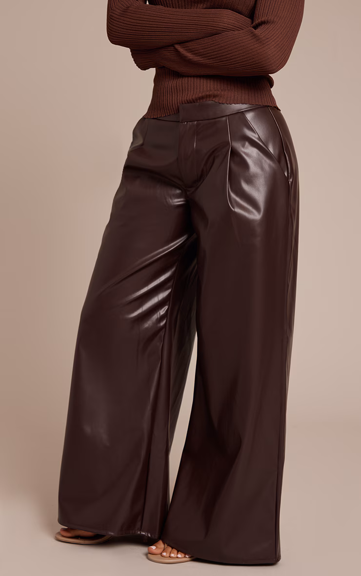 Petite Chocolate Pleated Faux Leather Pants