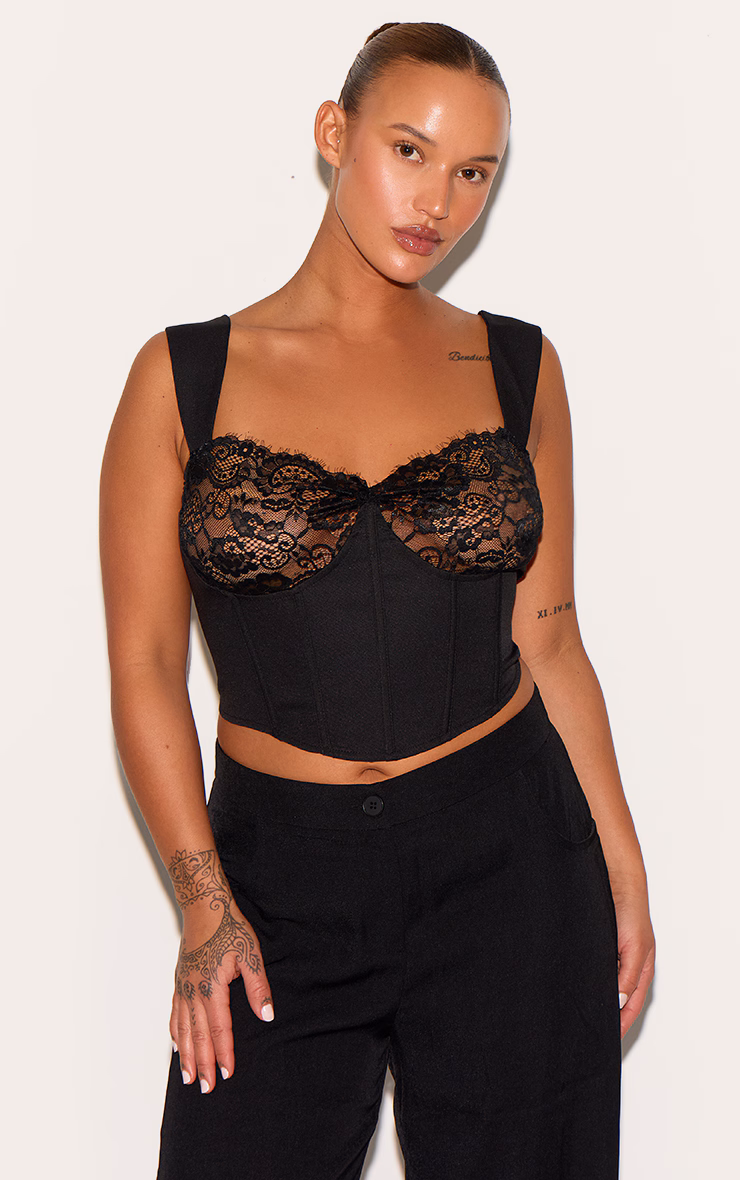 Plus Black Lace Trim Corset Top