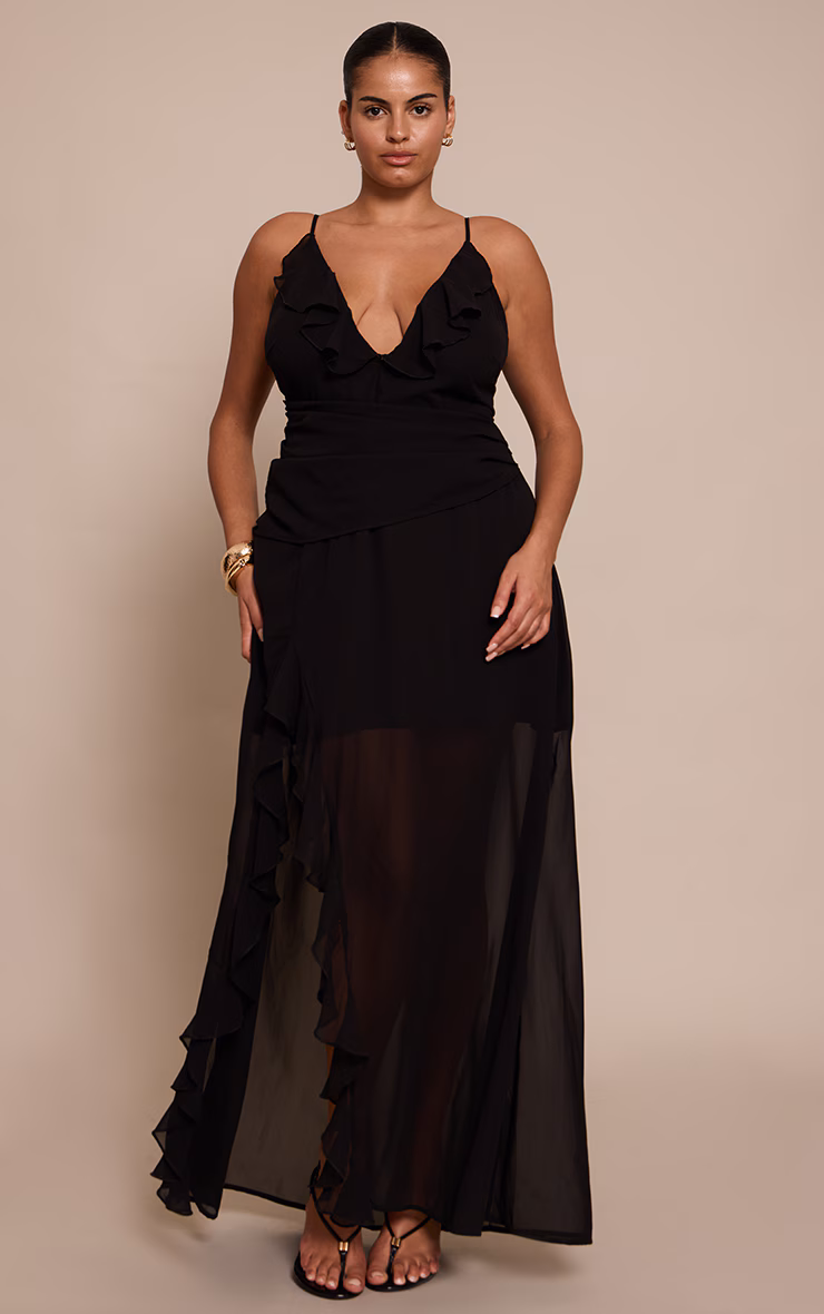 Plus Black Chiffon Frill Plunge Strappy Maxi Dress