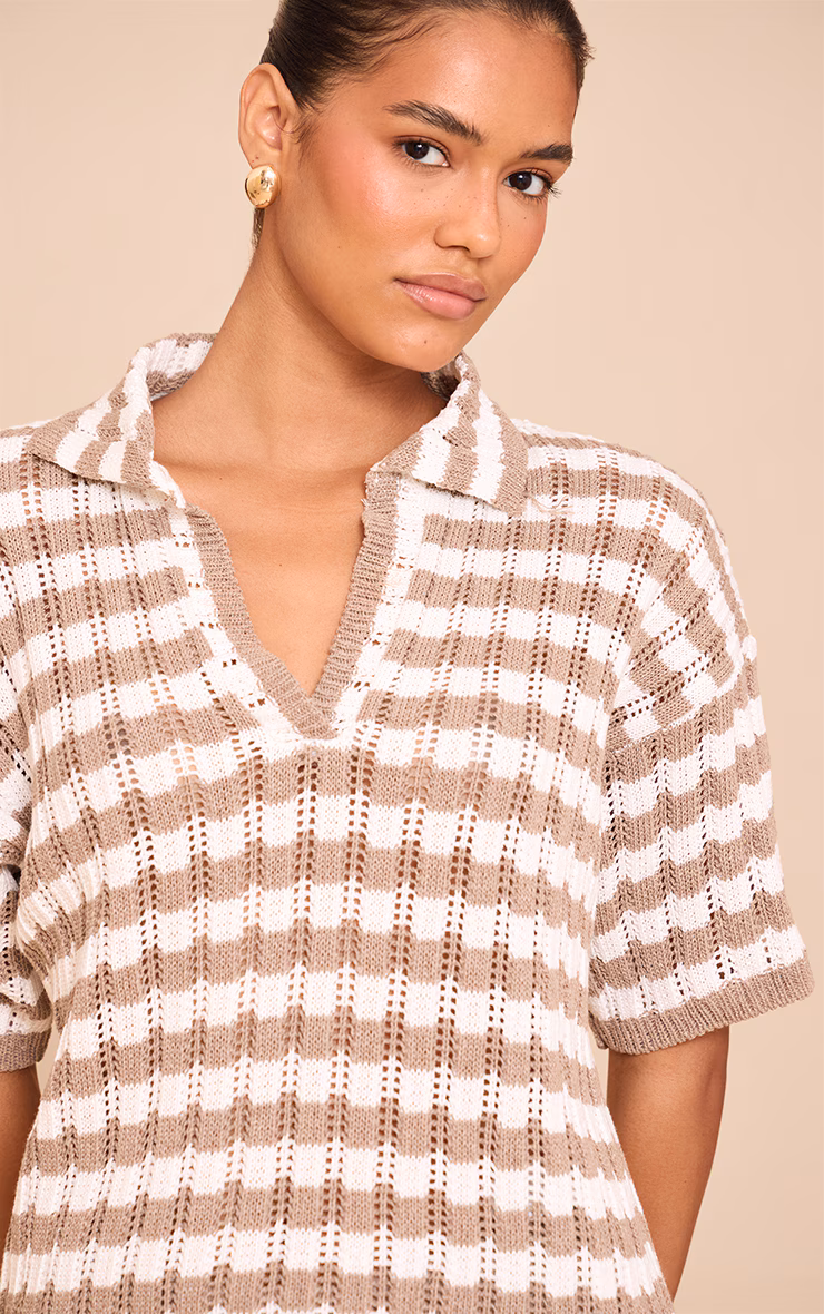 Mocha Crochet Stripe Rugby Knit Top