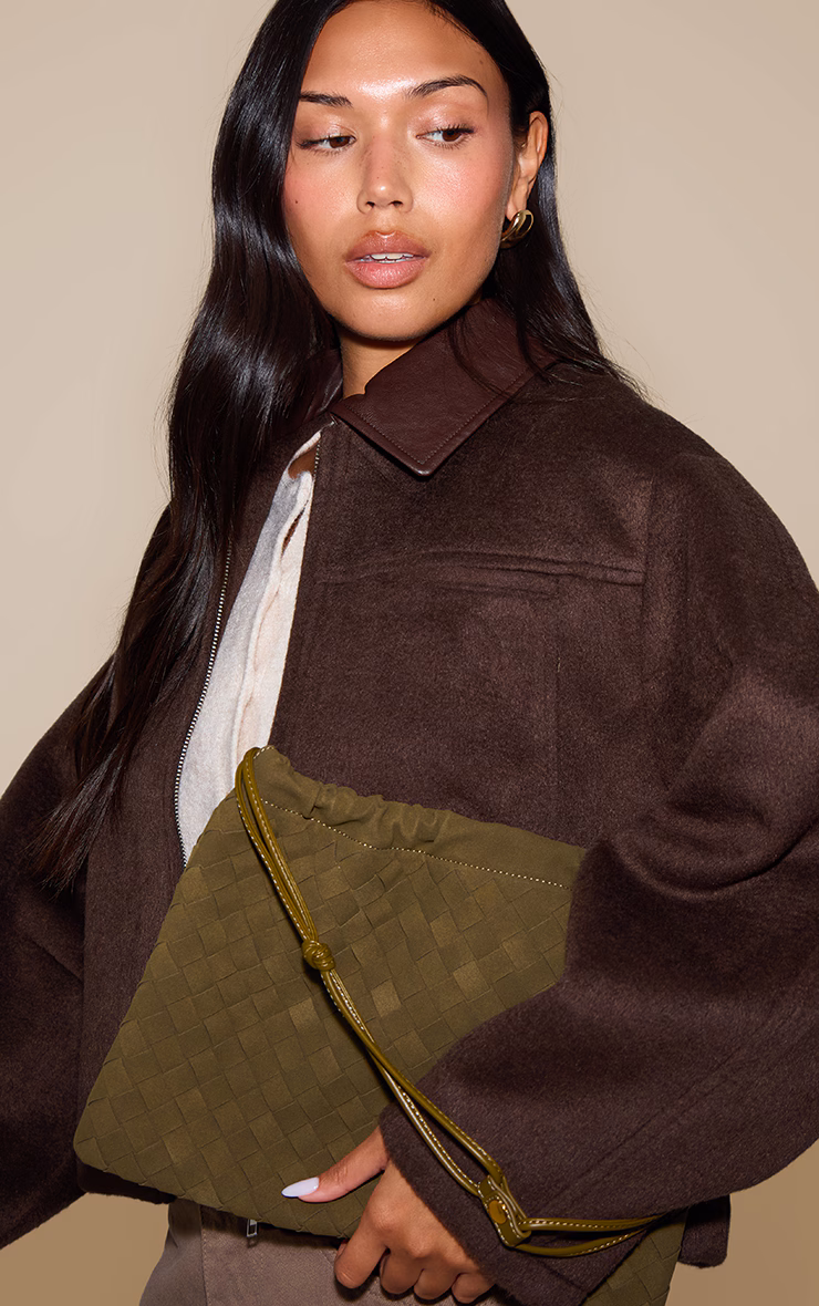 Olive Faux Suede Weave Drawstring Bag