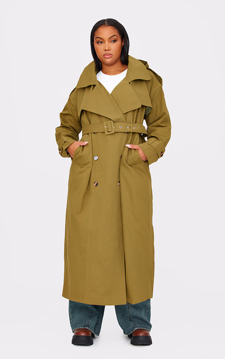 Plus Khaki Woven Hooded Oversized Trench Coat
