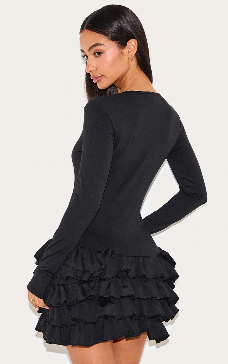 Petite Black Long Sleeve Frill Detail Shift Mini Dress