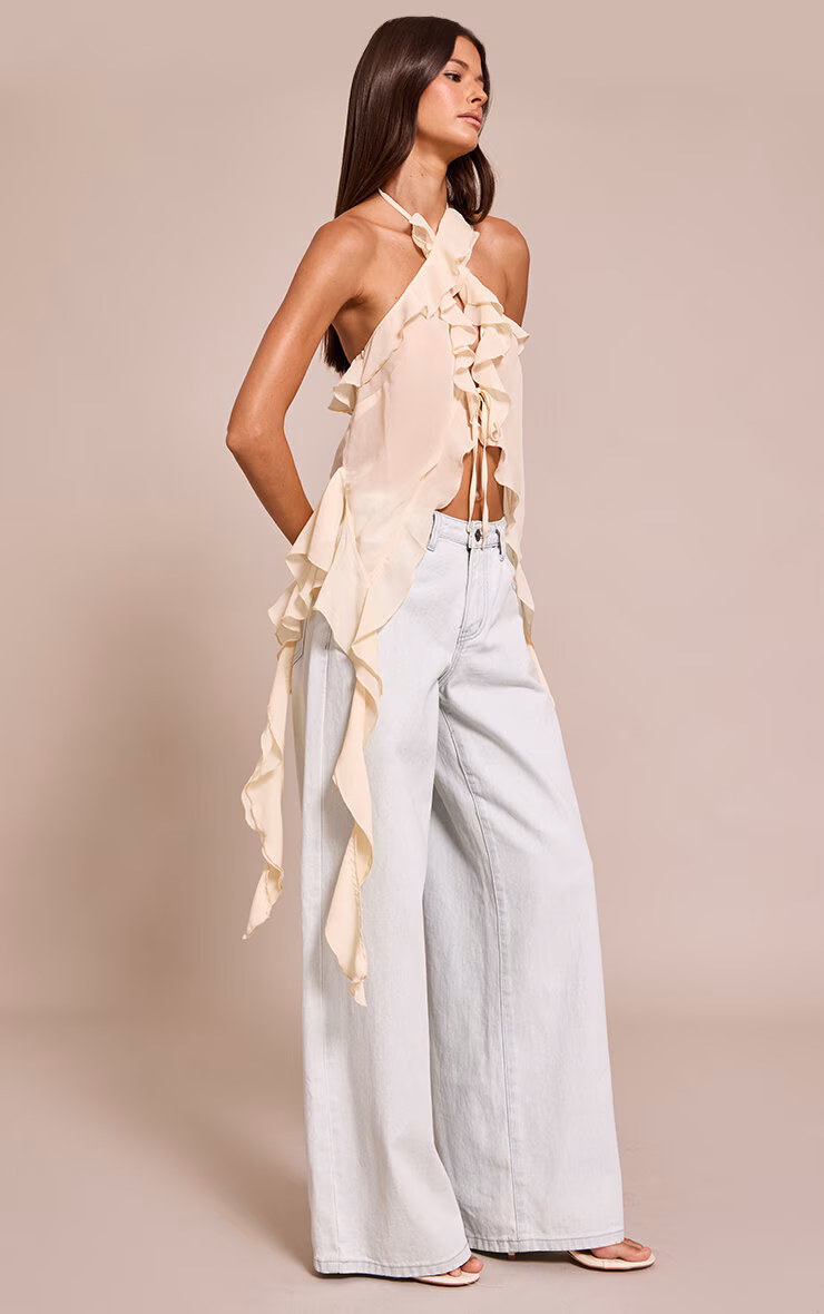 Cream Chiffon Ruffle Drape Detail Longline Top