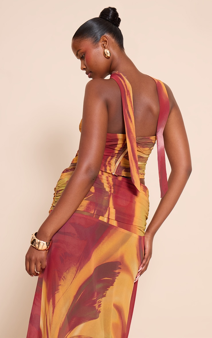 Multi Abstract Printed Chiffon Scarf Detail Ruched Bandeau Top